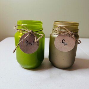 Basil and Sage labeled Mason Jar Herb Garden with EXPIRED Sage Seed & soil pods